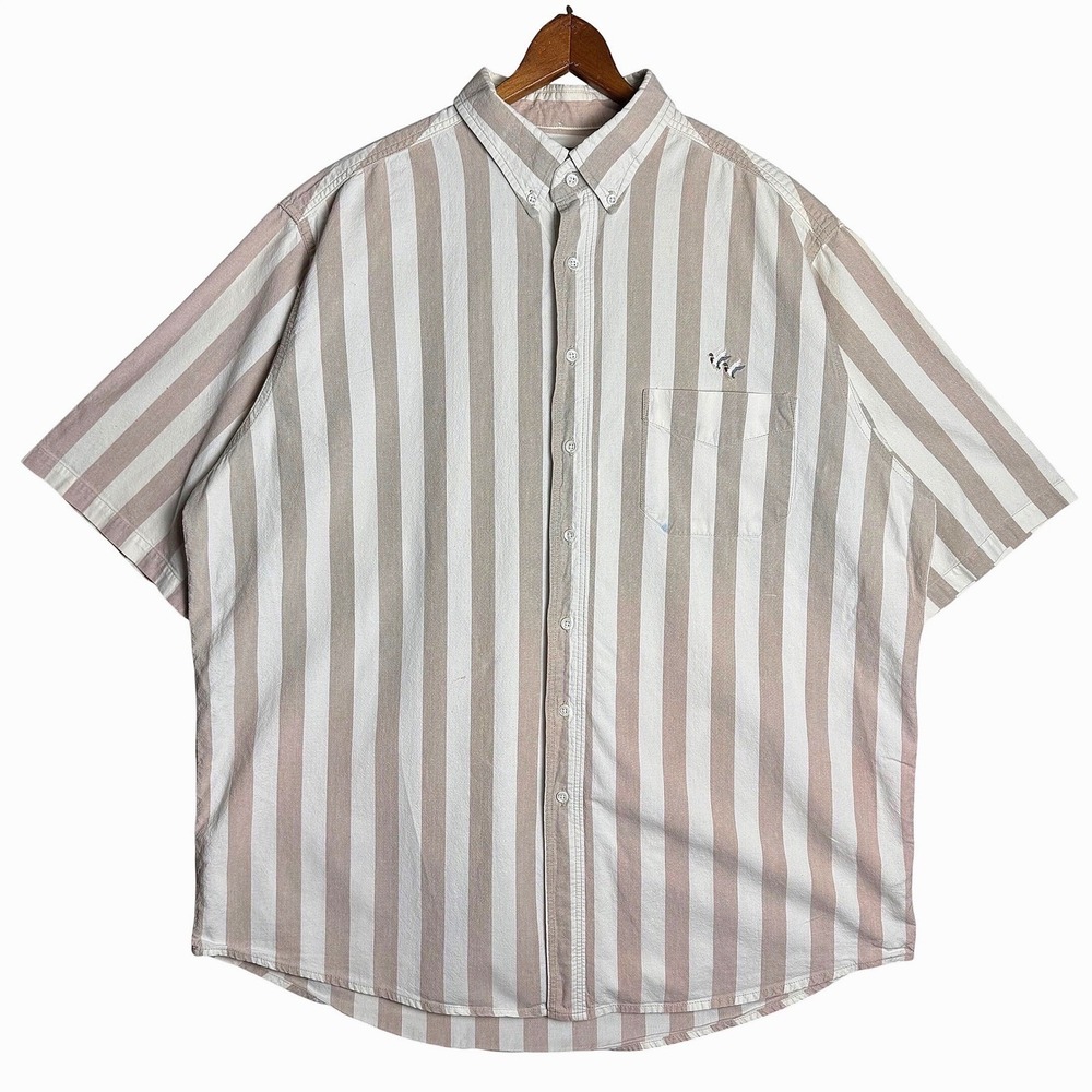 VTG Creekwood Mens 2XT Tan‎ White Striped Short Sleeve Button Down Duck USA Made